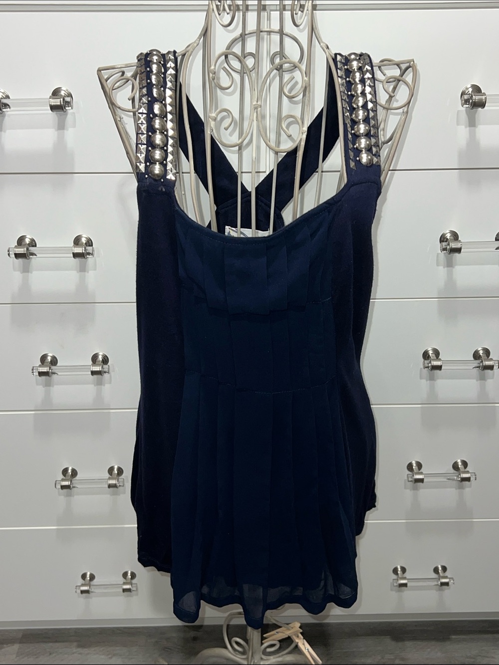 Imaginary Voyage Navy Beaded-Strap Top, size M